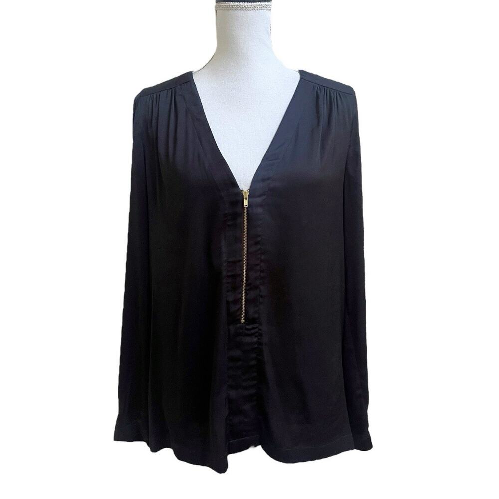 A.L.C. Womens Blouse Top Sz XS Black Exposed Gold Zipper V Neck Long Slv Flowy